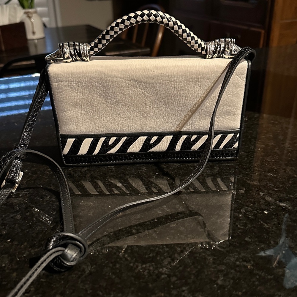 Brighton White and Black Zebra-Trim Leather Crossbody Bag